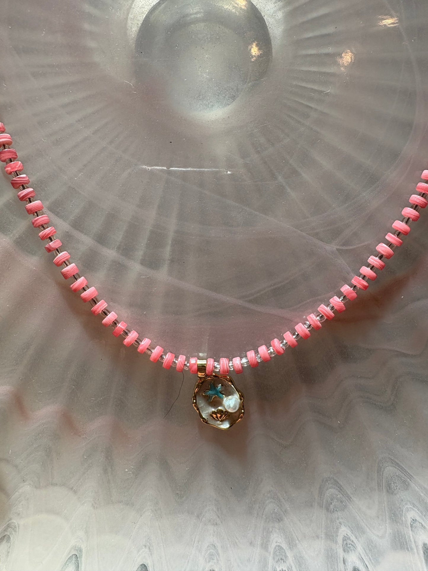 Coral Beaded Necklace with Seascape Charm