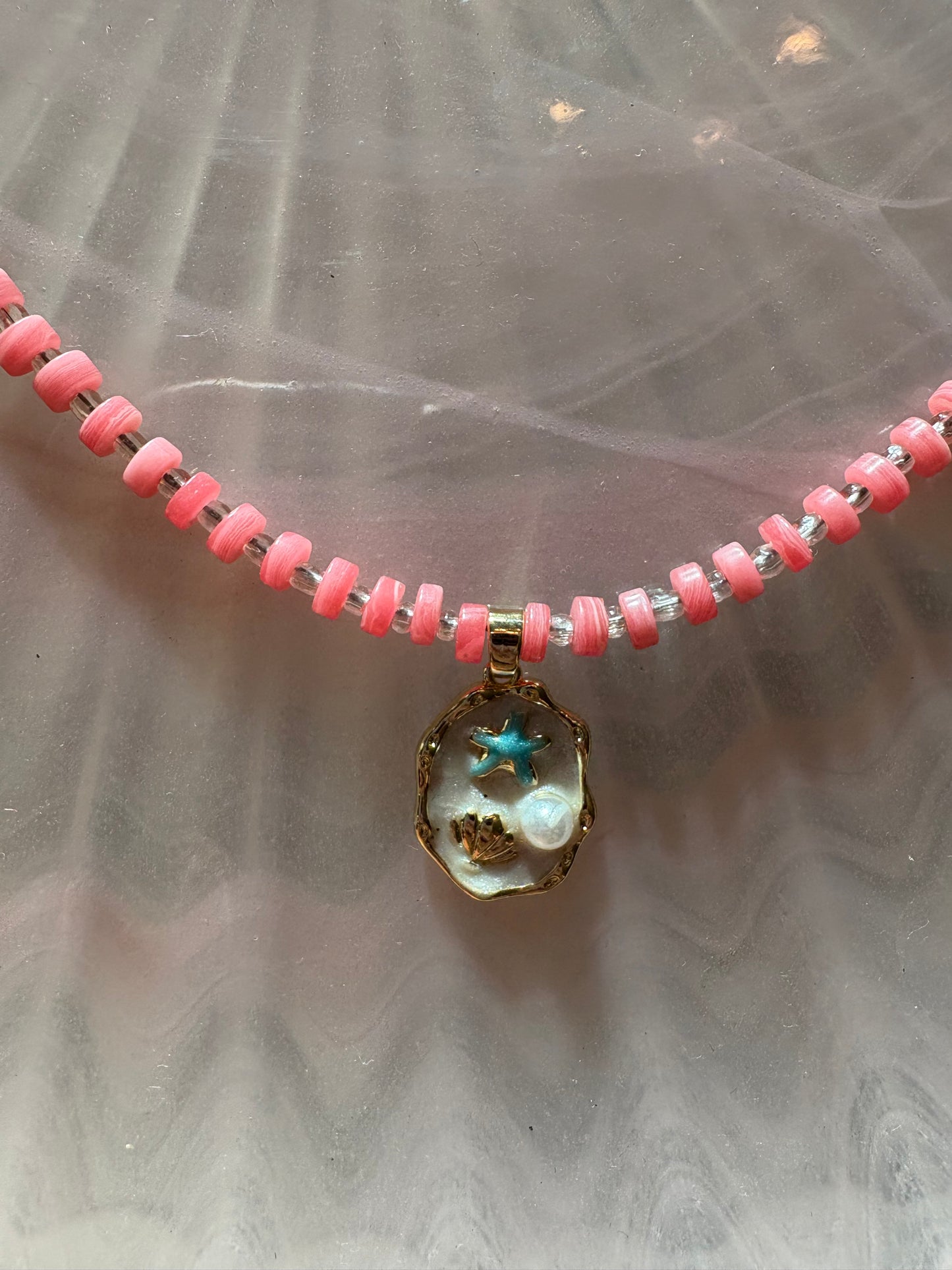 Coral Beaded Necklace with Seascape Charm