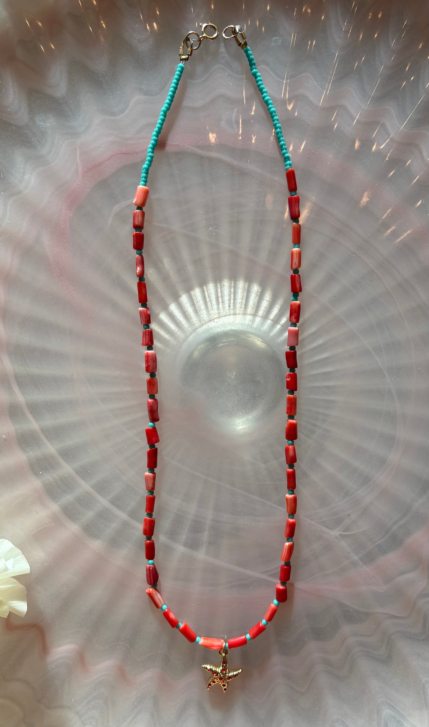 Coral and Turquoise Beaded Necklace with Red Starfish Pendant