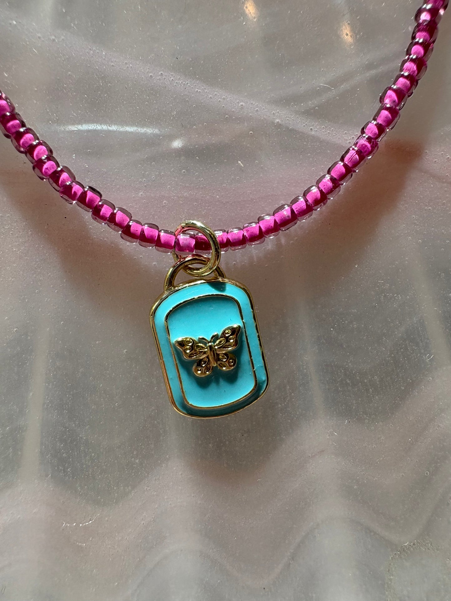 Magenta Necklace with Turquoise Butterfly Pendant