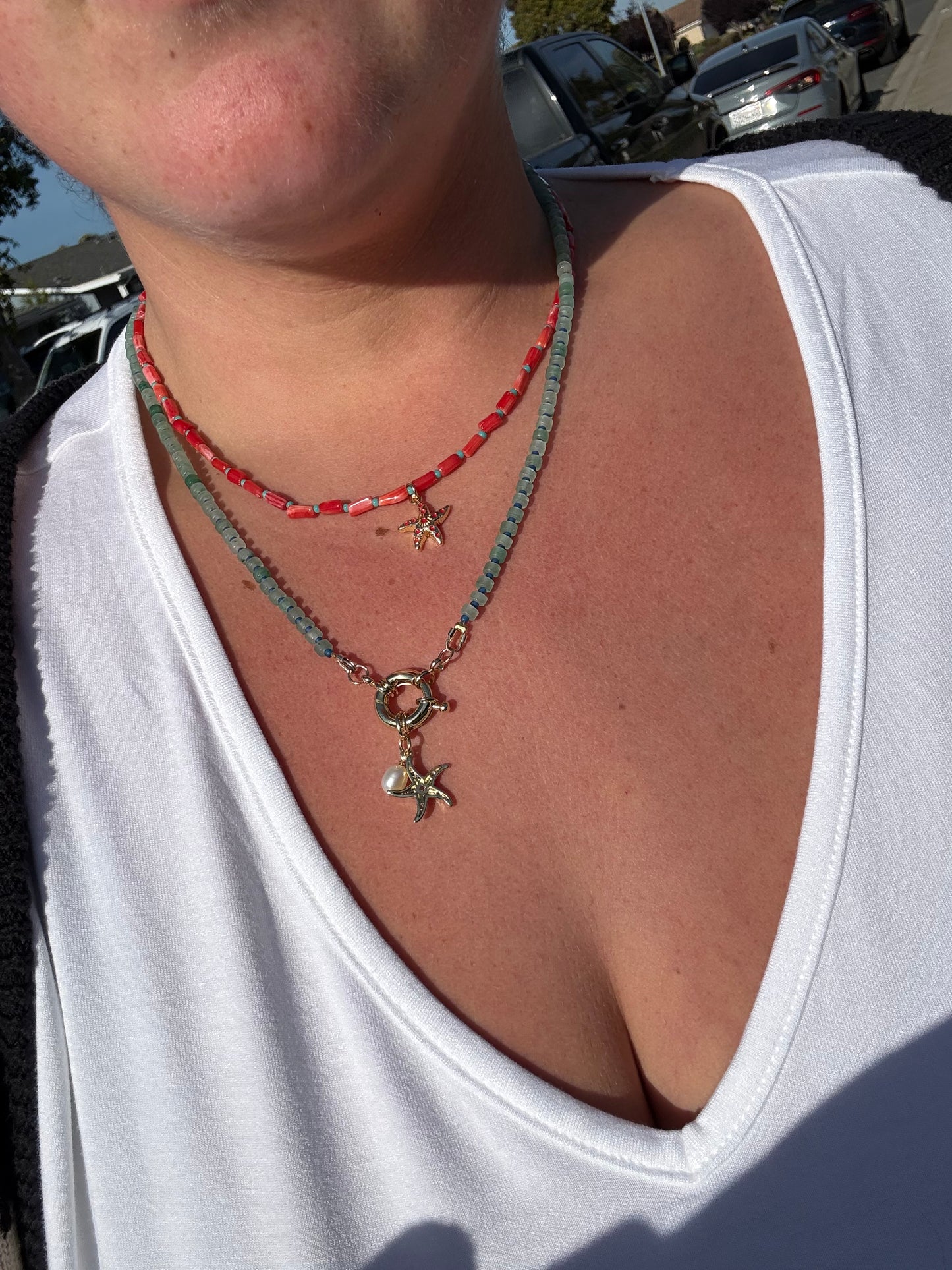 Coral and Turquoise Beaded Necklace with Red Starfish Pendant