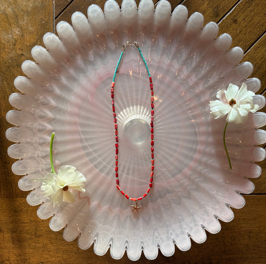 Coral and Turquoise Beaded Necklace with Red Starfish Pendant