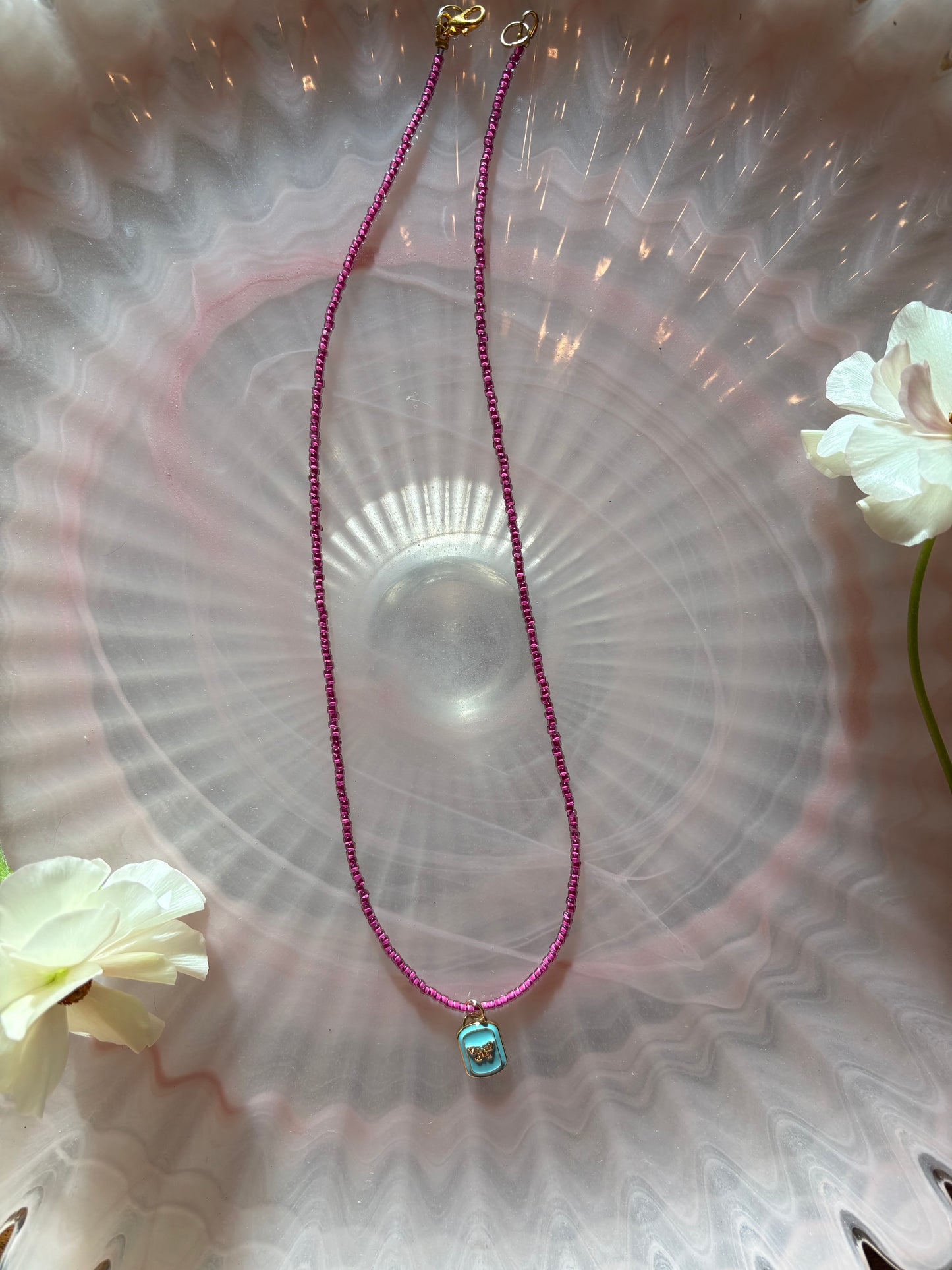 Magenta Necklace with Turquoise Butterfly Pendant